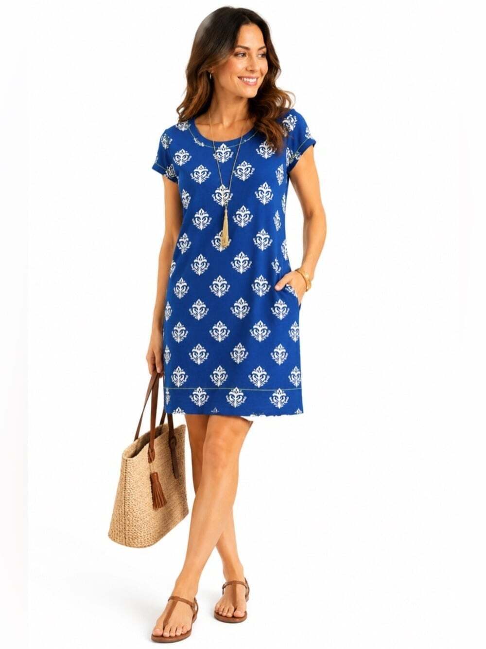 Hatley Blue Patterned Midi Dress Size L Back Zip Short Sleeve Casualcore Chic